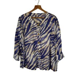 JM Collection Woman Linen Jacket Size 20W Blue Cottagecore Lagenlook Chic Preppy